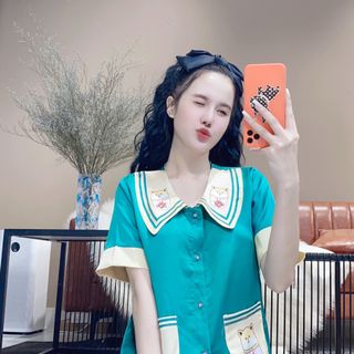 Đồ bộ nữ chins mặc nhà Satin cổ sọc in chó shiba (Quần Lửng)