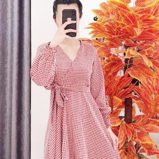 ĐẦM CARO ĐỎ DÁNG DÀI TAY BO