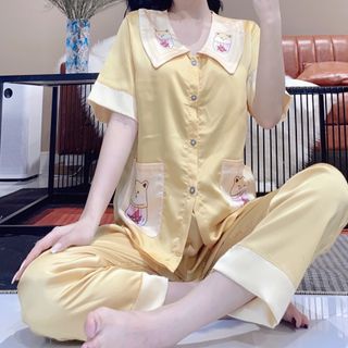 Đồ bộ nữ mặc nhà chins cổ sọc in 3d chó shiba (Dài quần Tay cộc