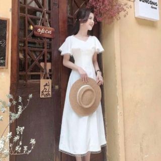 ĐẦM CỔ V VIỀN REN 2 MÀU