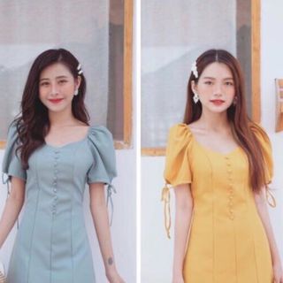 ĐẦM NÚT BỌC TAY NƠ 2 MÀU
