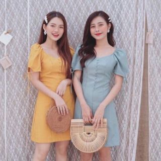 ĐẦM NÚT BỌC TAY NƠ 2 MÀU