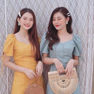 ĐẦM NÚT BỌC TAY NƠ 2 MÀU
