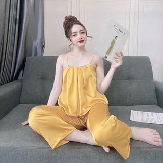 Lụa satin đồ ngủ gấp ly quần dài xinh xắn vải lụa mịn