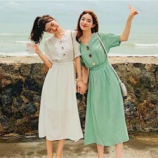ĐẦM THUN EO 2 MÀU MINT TRẮNG