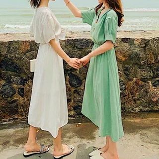 ĐẦM THUN EO 2 MÀU MINT TRẮNG