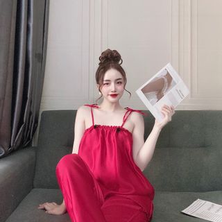 Đồ ngủ 2 dây siêu xinh lụa satin quần dài freesize