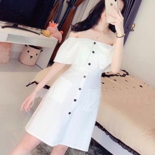 ĐẦM TRẮNG TRỄ VAI NÚT ĐEN