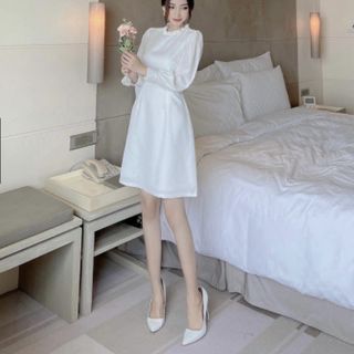 ĐẦM TRẮNG CỔ TRÒN TAY DÀI