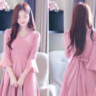 ĐẦM HỒNG TAY LOA THẮT NƠ