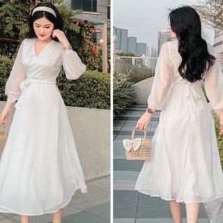 ĐẦM TRẮNG DỰ TIỆC CỔ V DÁNG DÀI