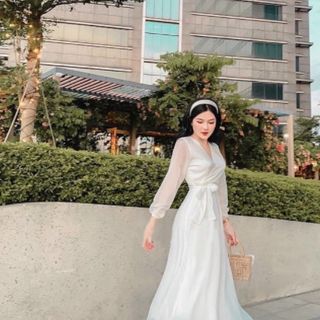 ĐẦM TRẮNG DỰ TIỆC CỔ V DÁNG DÀI
