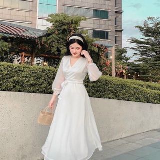 ĐẦM TRẮNG DỰ TIỆC CỔ V DÁNG DÀI