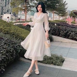 ĐẦM TRẮNG DỰ TIỆC CỔ V DÁNG DÀI