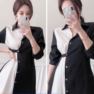 ĐẦM SƠ MI ĐEN PHỐI TRẮNG GÀI NÚT