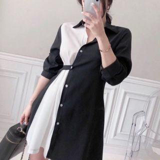 ĐẦM SƠ MI ĐEN PHỐI TRẮNG GÀI NÚT