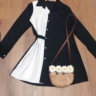 ĐẦM SƠ MI ĐEN PHỐI TRẮNG GÀI NÚT