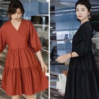 ĐẦM CỔ V TAY LỠ 2 MÀU
