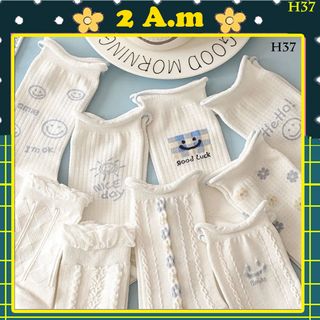 |FREESHIP| Set 5 Đôi Lẻ Tất Vớ H37 Cổ Cao Tone Trắng Hoạt Tiết Đơn Giản Đẹp Nữ Unisex Style Hàn Quốc giá sỉ