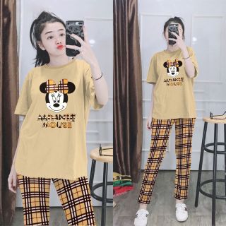 Set đồ nữ quần dài kèm áo in hình chuột mickey dễ thương freesize