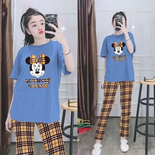 Set đồ nữ quần dài kèm áo in hình chuột mickey dễ thương freesize
