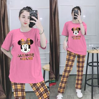 Set đồ nữ quần dài kèm áo in hình chuột mickey dễ thương freesize
