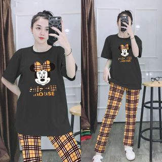 Set đồ nữ quần dài kèm áo in hình chuột mickey dễ thương freesize