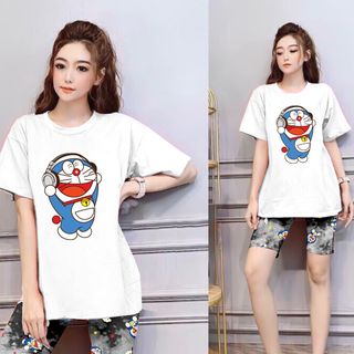 Set đồ nữ áo thun hình doraemon kèm quần lửng loang màu freesize giá sỉ