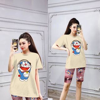 Set đồ nữ áo thun hình doraemon kèm quần lửng loang màu freesize