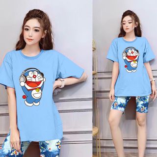 Set đồ nữ áo thun hình doraemon kèm quần lửng loang màu freesize