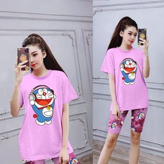 Set đồ nữ áo thun hình doraemon kèm quần lửng loang màu freesize