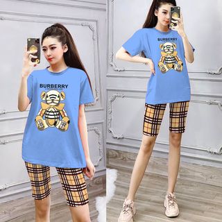 Set đồ nữ áo thun in hình gấu kèm quần caro freesize