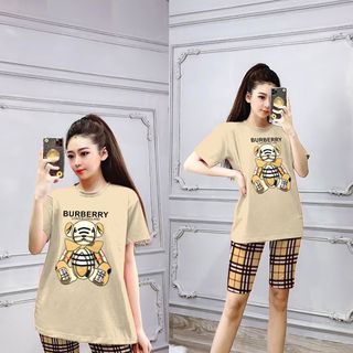 Set đồ nữ áo thun in hình gấu kèm quần caro freesize