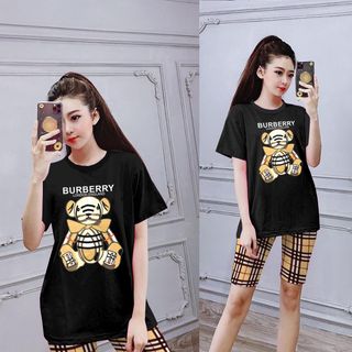 Set đồ nữ áo thun in hình gấu kèm quần caro freesize