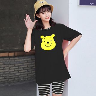 Set đồ nữ áo thun hình gấu Pooh kèm quần lửng sọc freesize