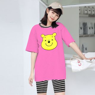 Set đồ nữ áo thun hình gấu Pooh kèm quần lửng sọc freesize