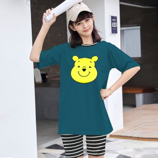 Set đồ nữ áo thun hình gấu Pooh kèm quần lửng sọc freesize