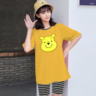 Set đồ nữ áo thun hình gấu Pooh kèm quần lửng sọc freesize