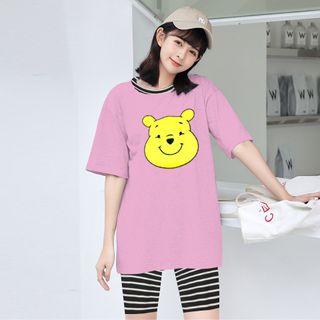 Set đồ nữ áo thun hình gấu Pooh kèm quần lửng sọc freesize