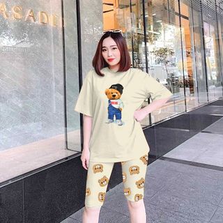 SET đồ nữ áo thun in hình gấu mặc yếm kèm quần lửng freesize