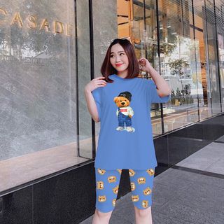 SET đồ nữ áo thun in hình gấu mặc yếm kèm quần lửng freesize