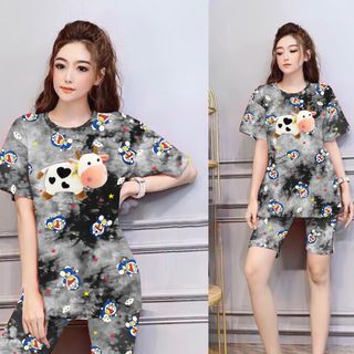 Set đồ loang màu áo thun hình bò sữa kèm quần lửng freesize giá sỉ