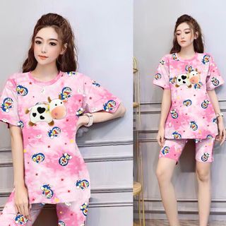 Set đồ loang màu áo thun hình bò sữa kèm quần lửng freesize