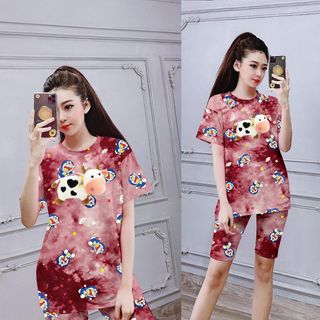 Set đồ loang màu áo thun hình bò sữa kèm quần lửng freesize
