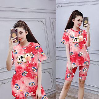 Set đồ loang màu áo thun hình bò sữa kèm quần lửng freesize