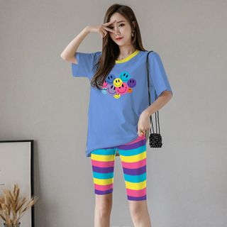 Set đồ nữ áo thun in hình mặt cừoi kèm quần lửng sắc màu