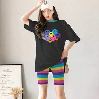 Set đồ nữ áo thun in hình mặt cừoi kèm quần lửng sắc màu