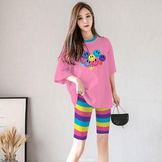 Set đồ nữ áo thun in hình mặt cừoi kèm quần lửng sắc màu