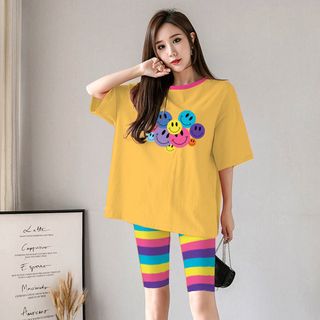 Set đồ nữ áo thun in hình mặt cừoi kèm quần lửng sắc màu
