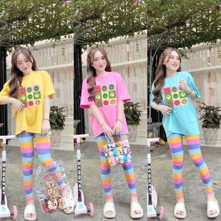 Set đồ nữ áo thun hình mặt cười kèm quần dài sắc màu freesize